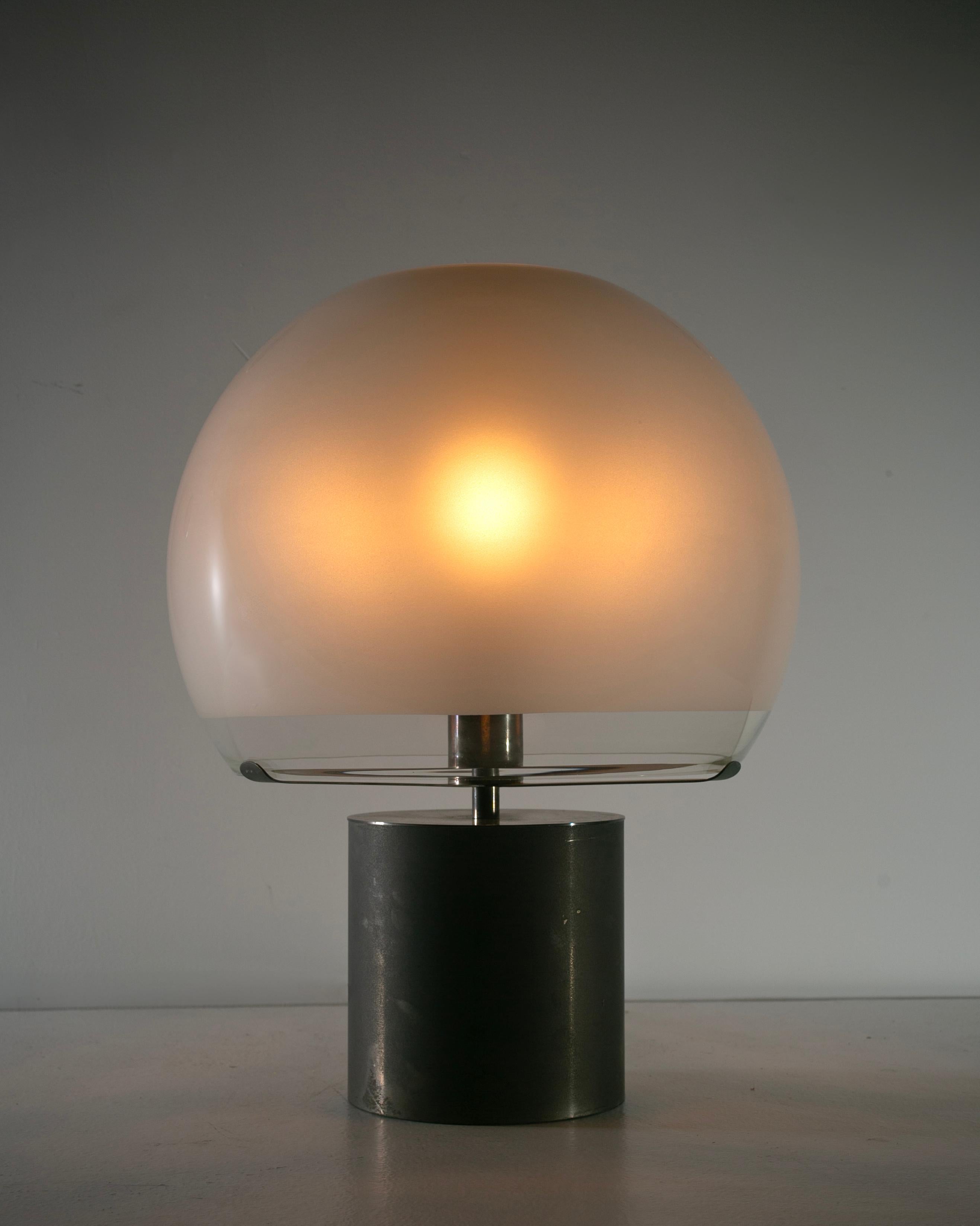 LTA6 Table Lamp by Luigi Caccia Dominioni for Azucena Designed and manufactured in Italy, in 1966. Early model LTA6 with a very worked-in patina to the blackened steel. The large lamp consists of a massive blown etched glass diffuser, featuring a