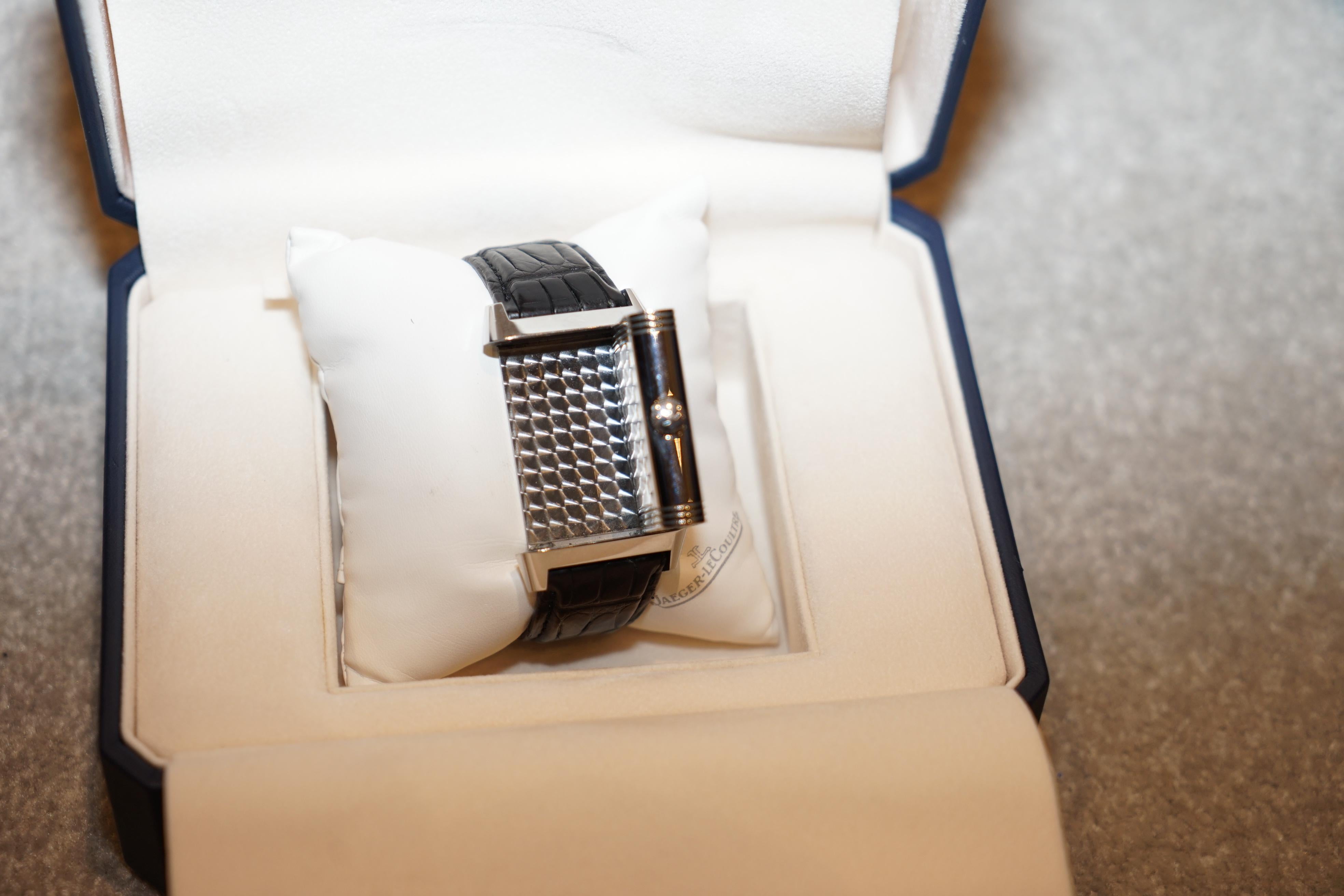 Art Deco Ltd Edition Jager Lecoultre Grand Reverso 986 Duodate Double Sided Wristwatch For Sale