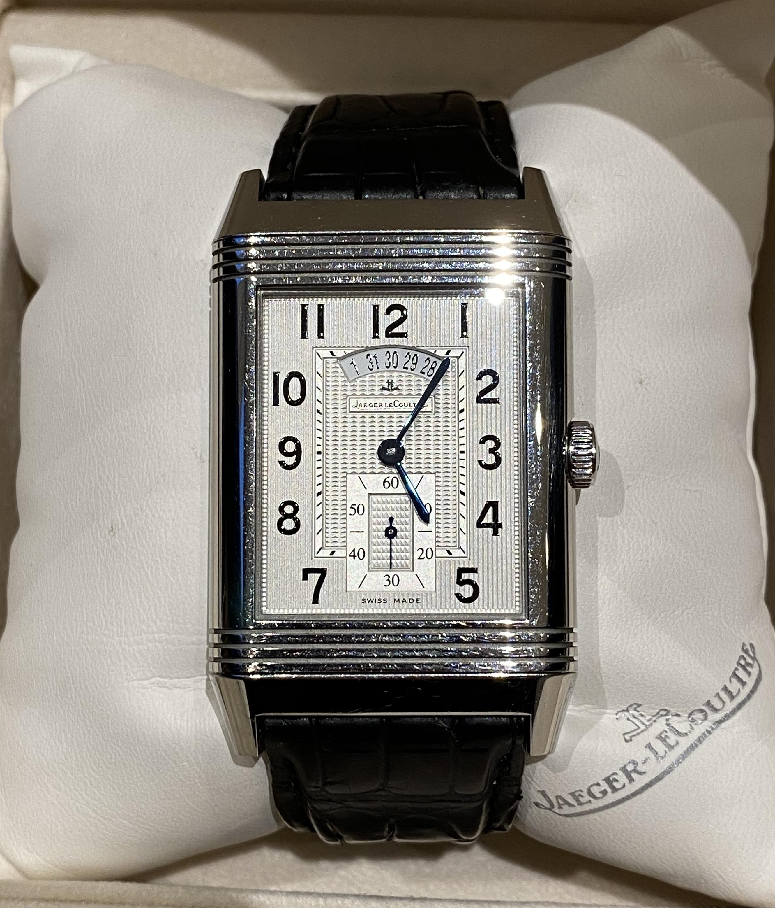 Ltd Edition Jager Lecoultre Grand Reverso 986 Duodate Double Sided Wristwatch For Sale 1