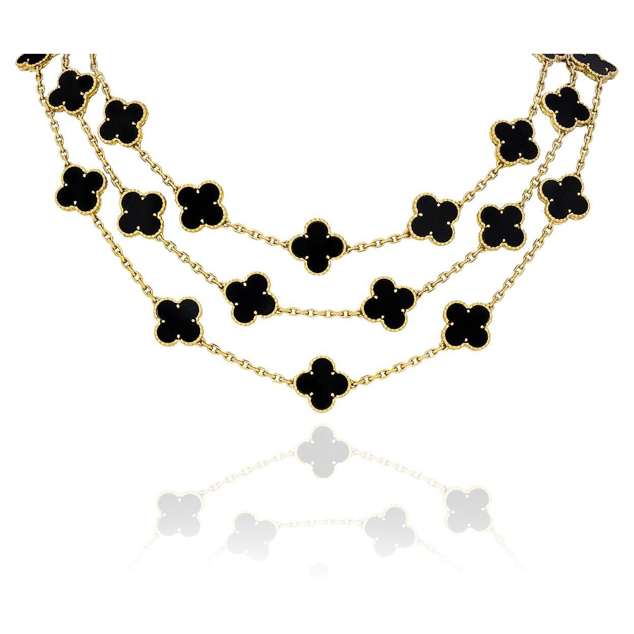 Ltd Edition Van Cleef & Arpels Onyx Vintage Alhambra Necklace 29 Motif For Sale