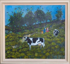 "Rural Scene with Family & Cattle" Large Folk Art w Farmers Crows Lime Trees
