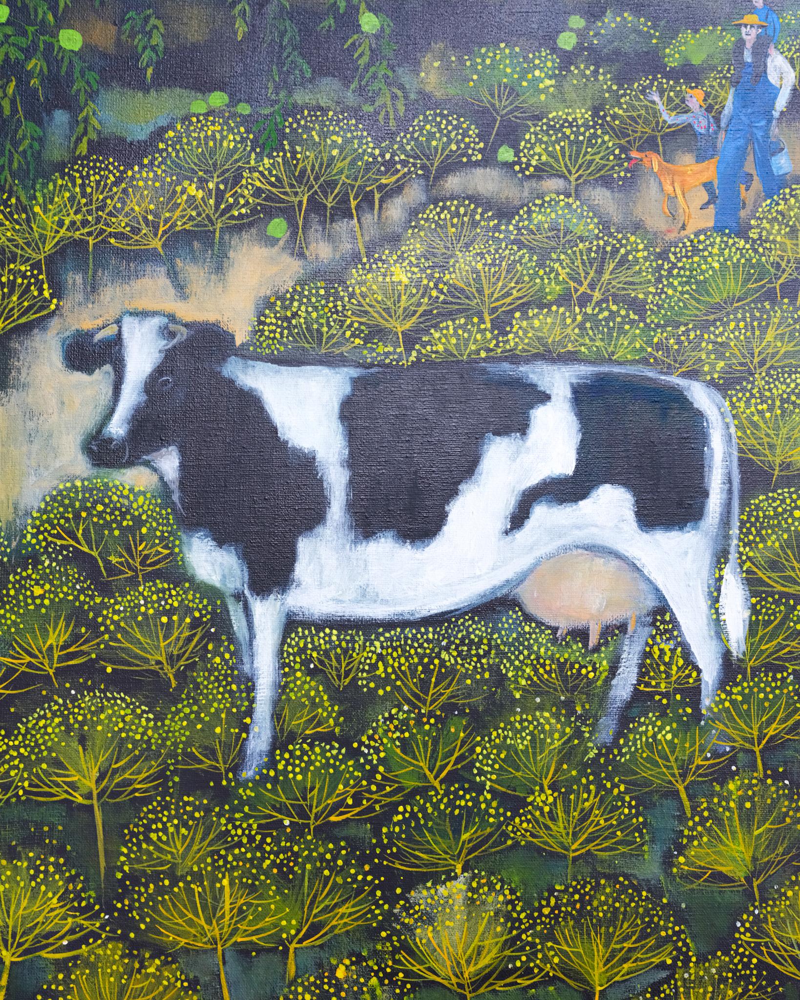 A captivating vintage farm scene by Lu Ann Barrow executed in oil on canvas in 1973.  The picture features a night scene in a field of yellow flowering crops with black and white dairy cattle grazing. A family strolls along a path that runs though
