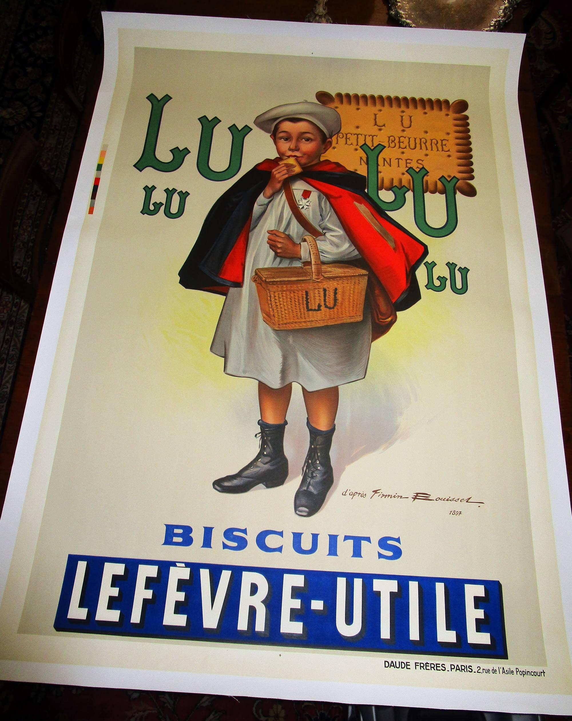 Large unframed linen backed French poster. The Lu Biscuit by Firmin Bouisset depicting a young schoolboy with an academic medal on his chest, continuing his reward by enjoying a delicious Lu Biscuit treat. This nostalgic poster resonated with