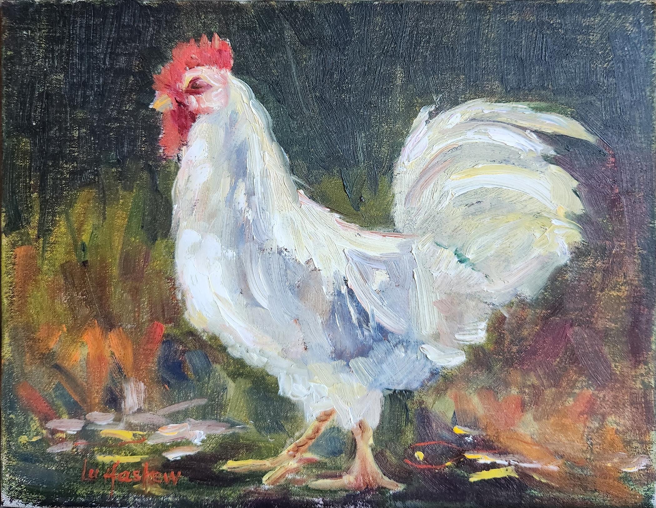 Amish Chicken, 8x10" oil on board - Painting by Lu Haskew