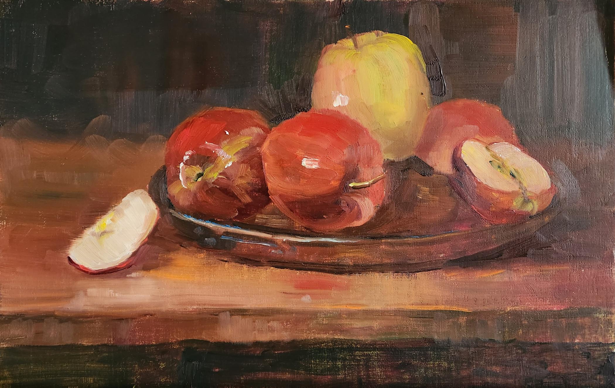 Apples for Pie, 9x15" oil on board - Painting by Lu Haskew