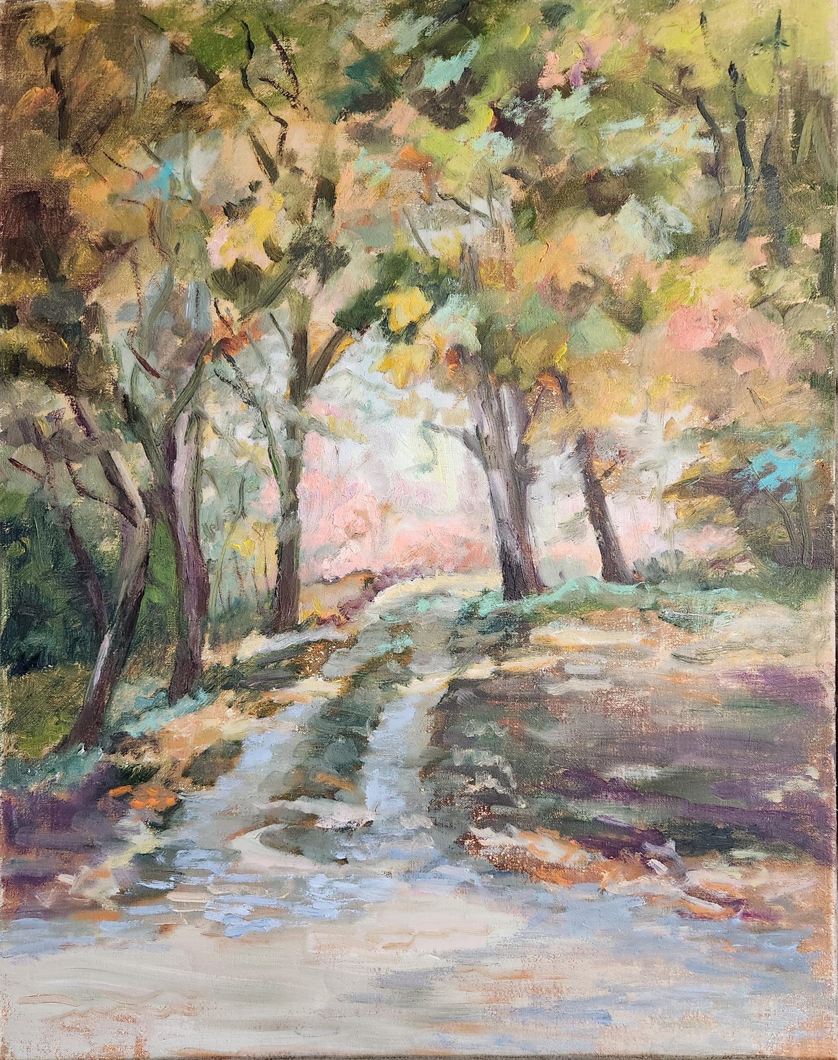 Autumn Pathway, ungerahmtes Öl auf Karton, 16x12" – Painting von Lu Haskew