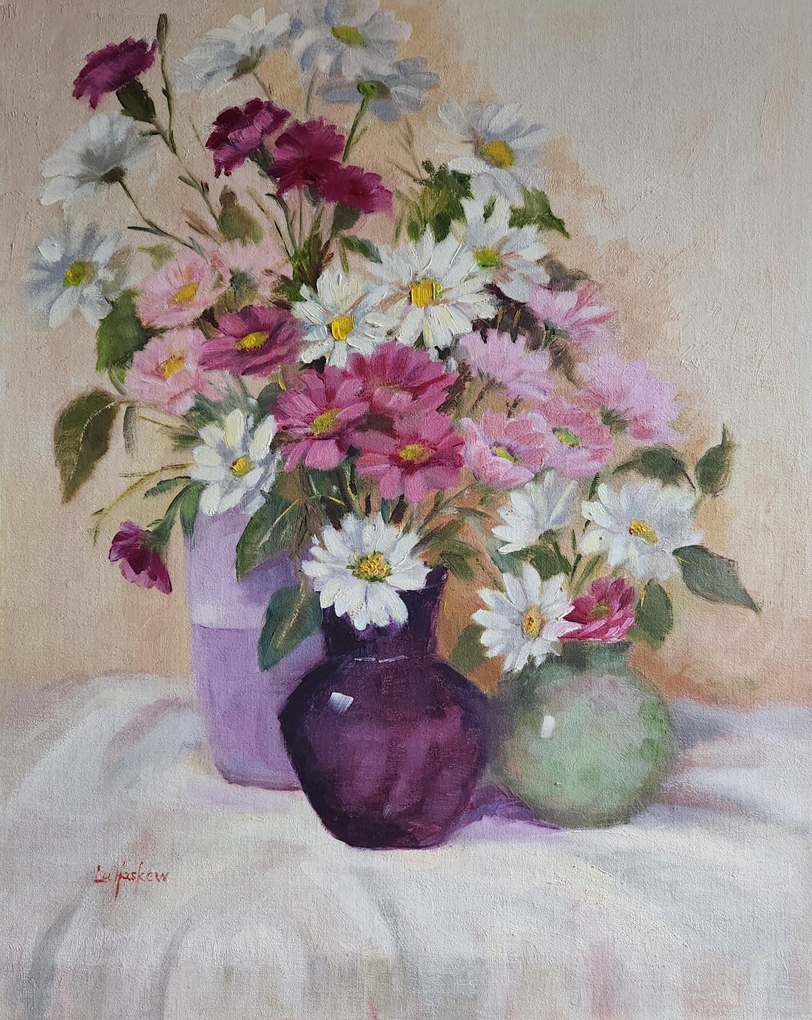 Bashfulness, unframed oil on board, 21x15" - Painting by Lu Haskew
