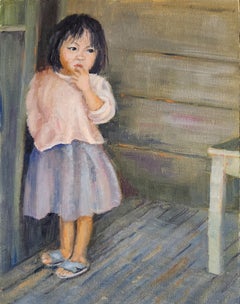 Being Shy, peinture à l'huile d'une jeune fille en rose et bleu