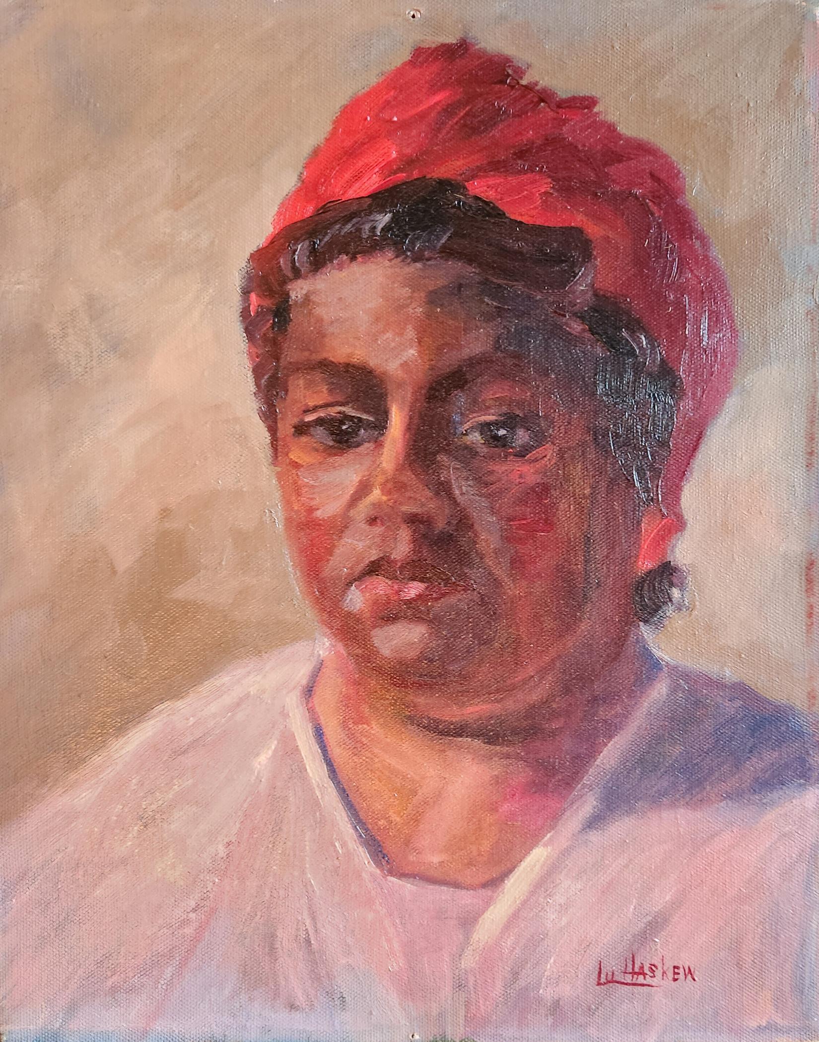Lu Haskew Figurative Painting - Black Woman's Honor, 14x11" oil on board