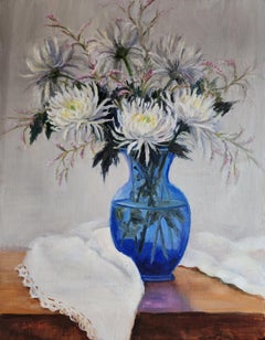 Blue Vase Expressions in White, unframed oil on board 24x18" still life painting