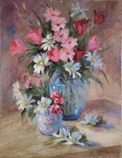 "Blue Vases", Still Life Painting, Oil on Canvas, Unframed, 18x14 Inches