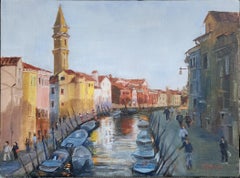 Boats on Canal Street, unframed oil on board, 12x16"