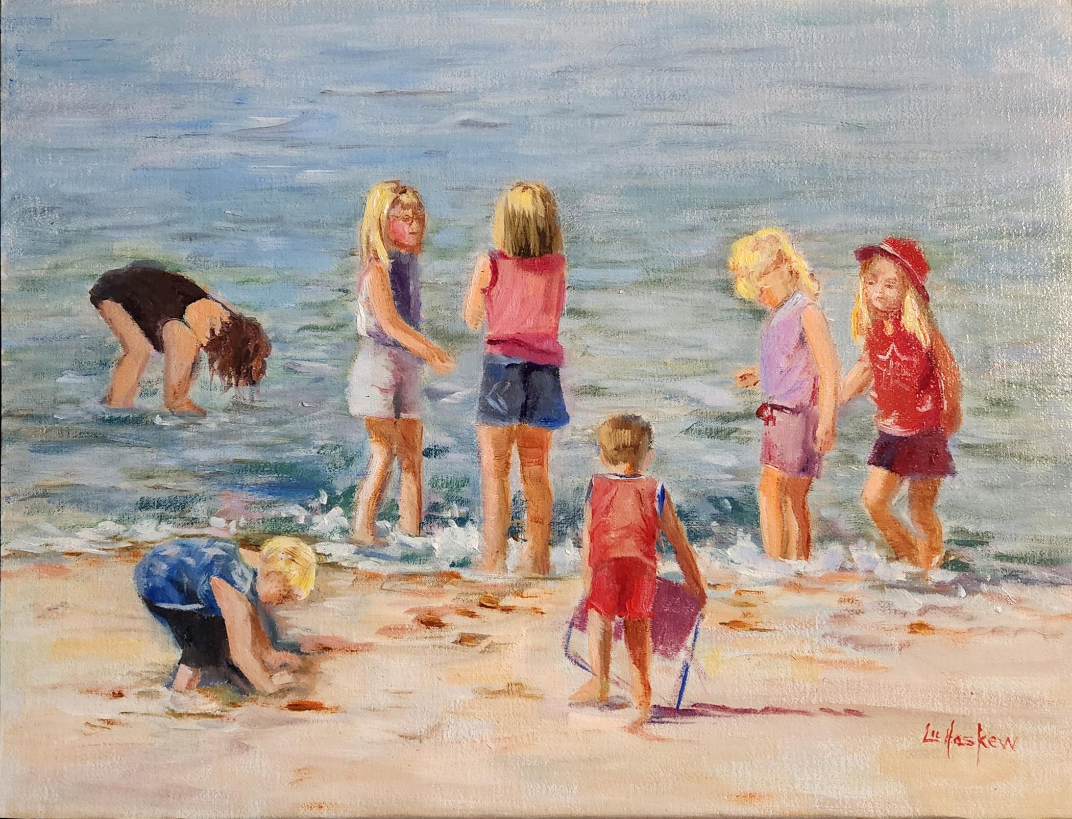 Lu Haskew Figurative Painting – Kinder am Strand, 12x16" Öl auf Karton
