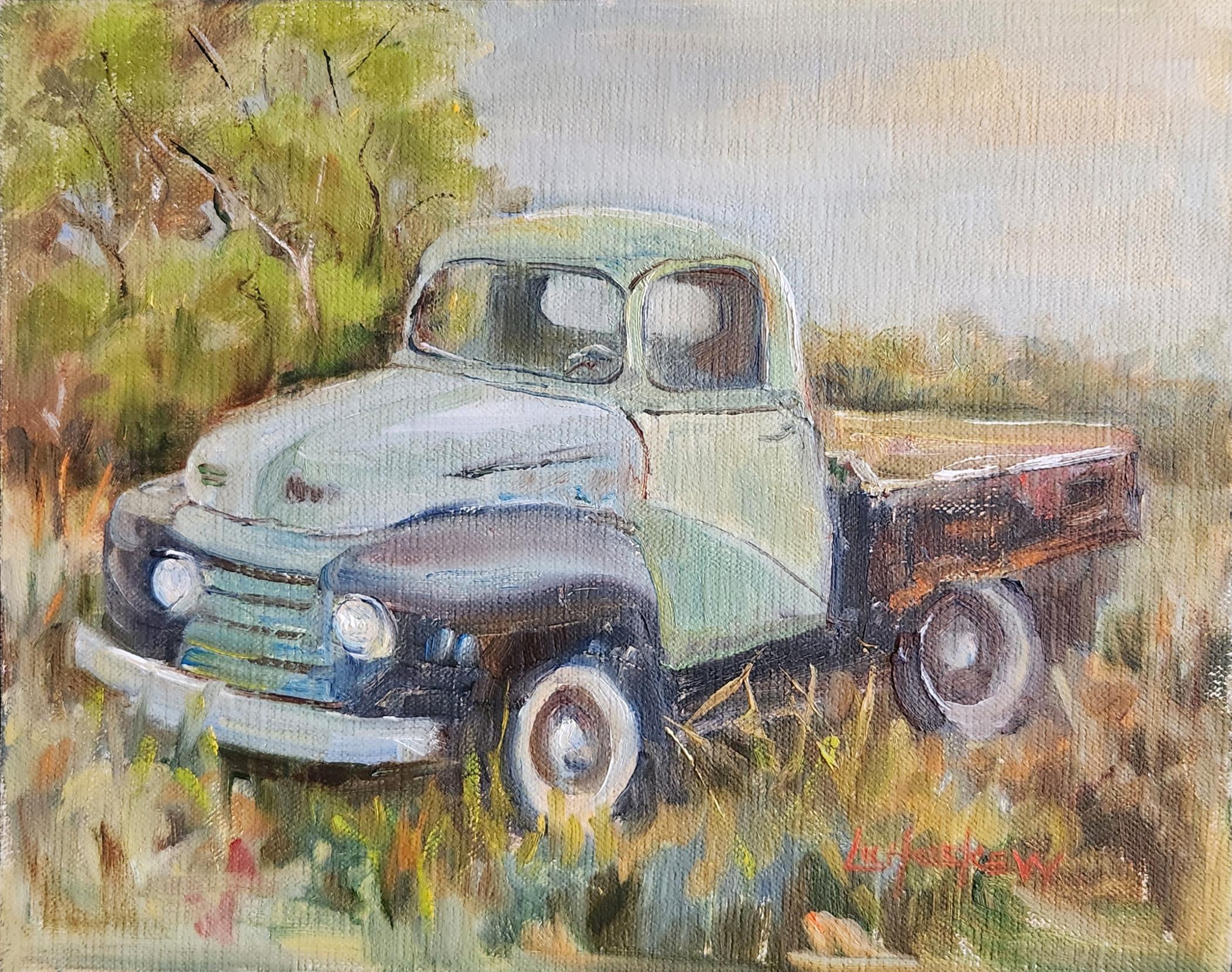 Classic Truck, 8x10" oil on board - Painting by Lu Haskew