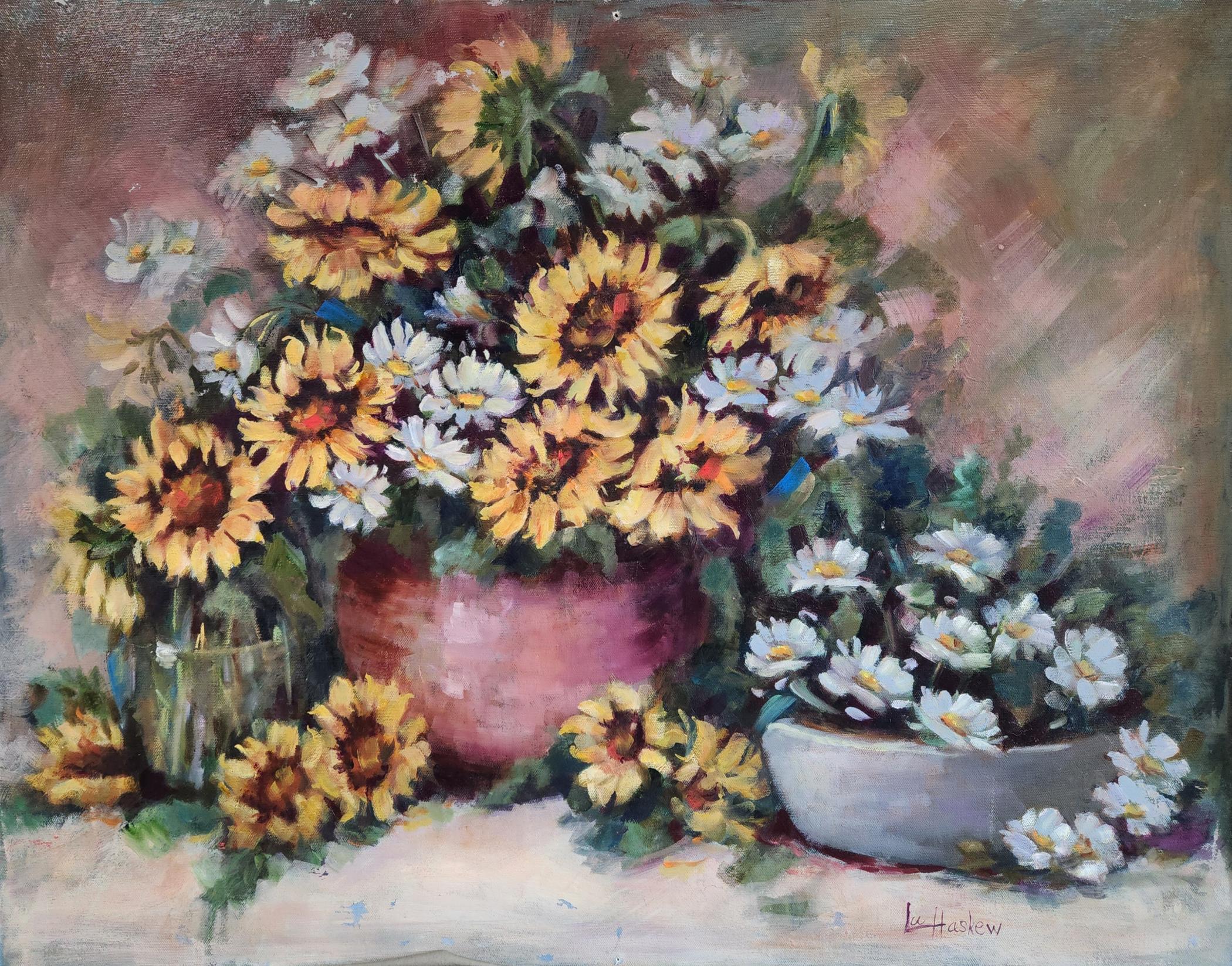 Copper Pot and Color, unframed oil on board, 18x22" still life painting - Painting by Lu Haskew
