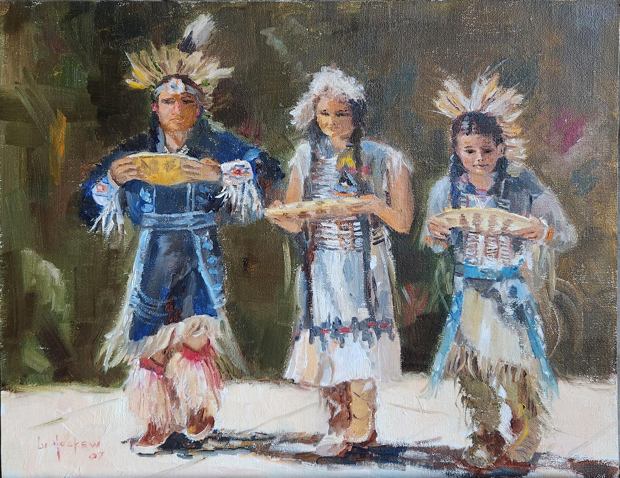 Lu Haskew Figurative Painting - Corn Offering, 10x12" oil on board