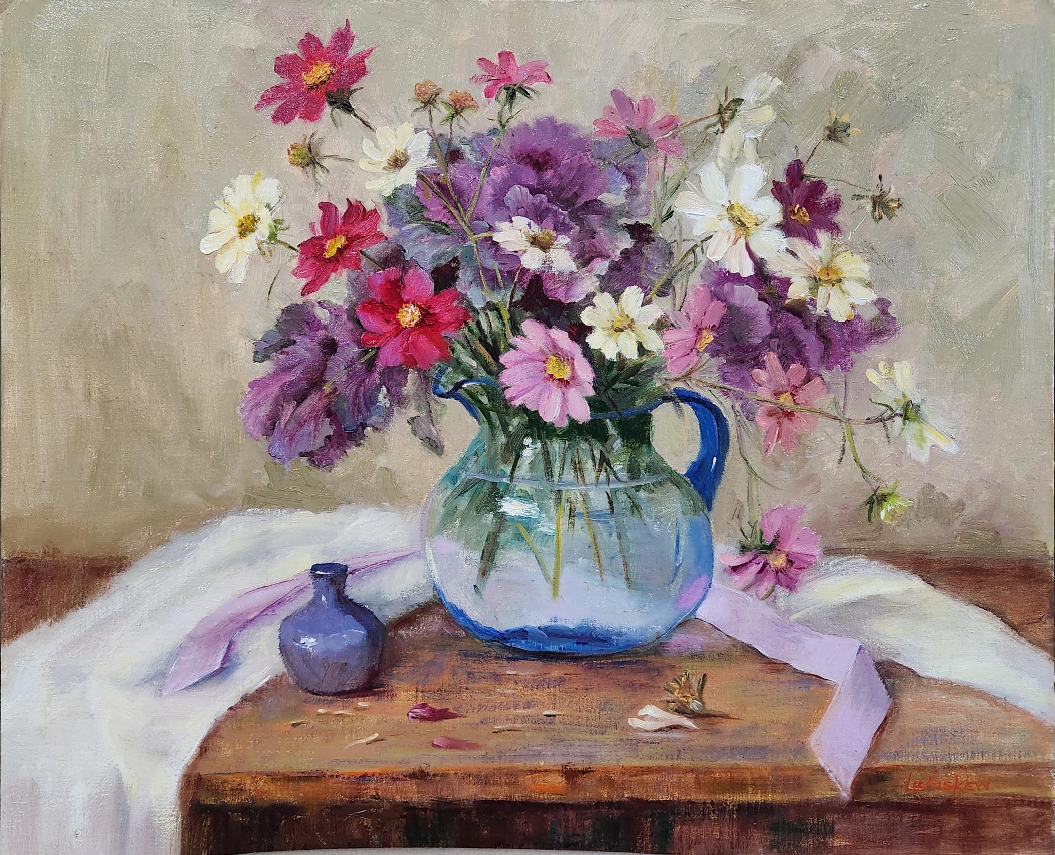 Cosmos and Blue, unframed oil on board, 20x24" still life painting - Painting by Lu Haskew