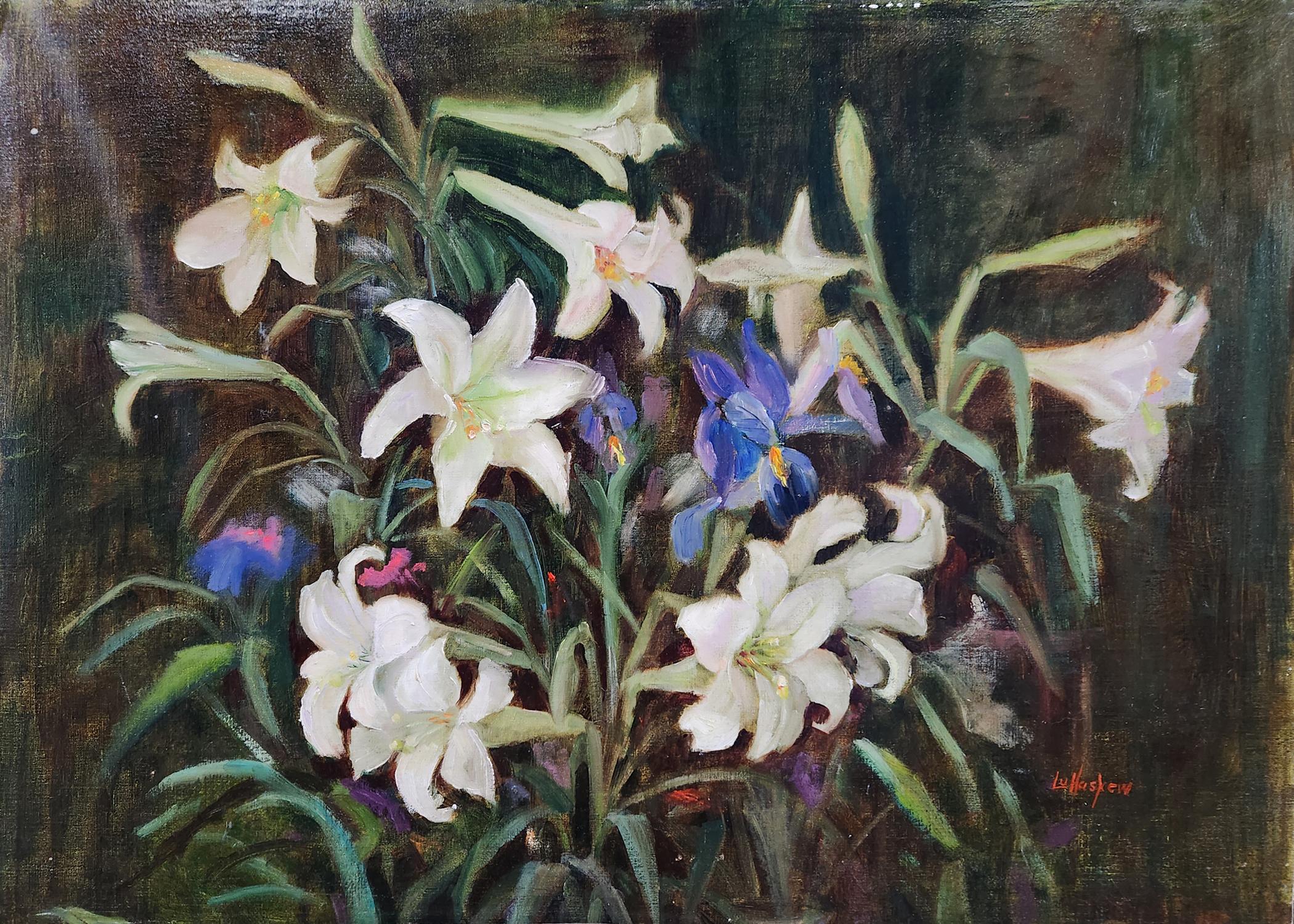 Daylilies and Iris, unframed oil on board, 20x28" still life painting