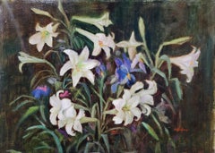 Daylilies and Iris, unframed oil on board, 20x28" still life painting