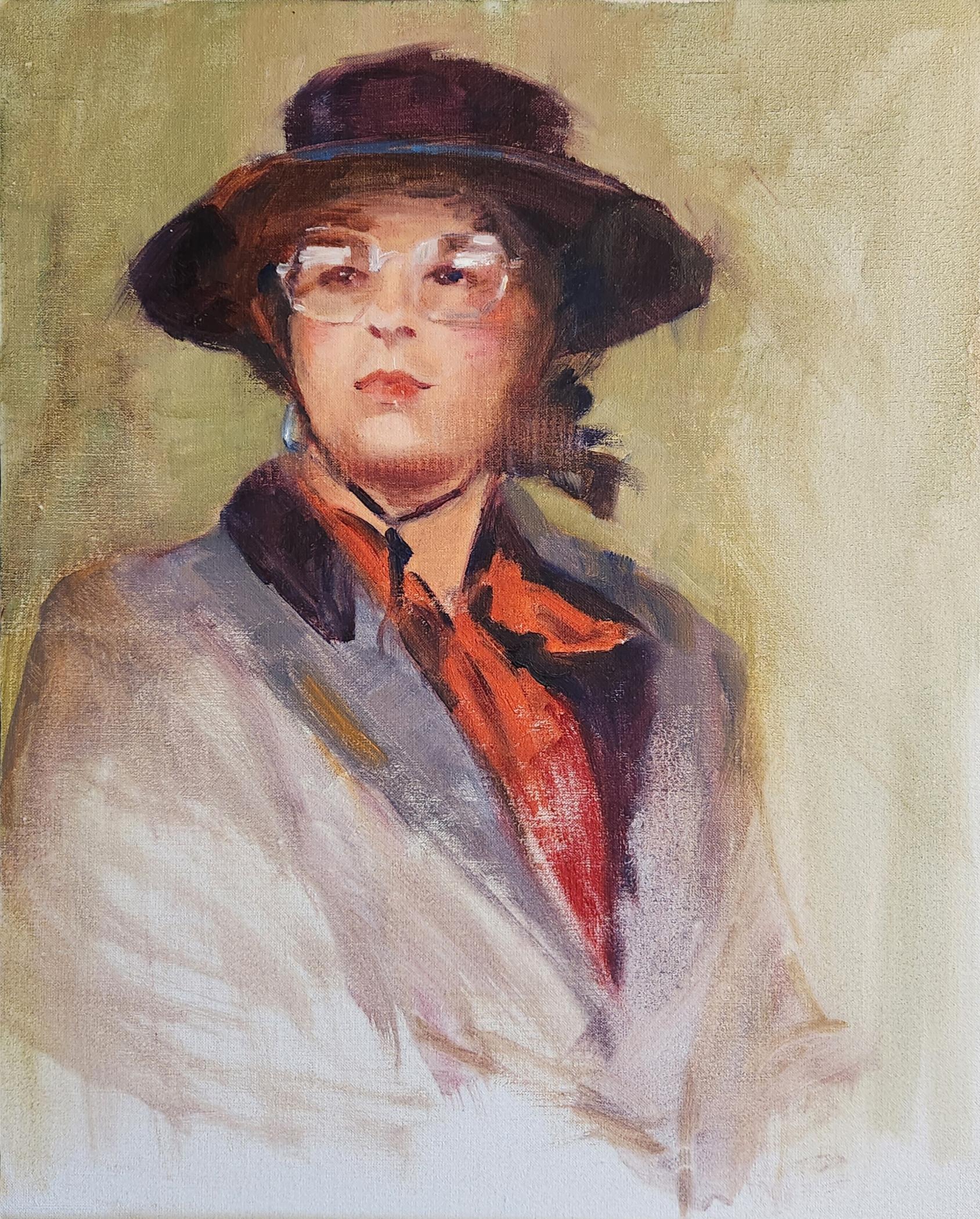 Lu Haskew Figurative Painting – Distinguished Lady, 16x12" Öl auf Karton