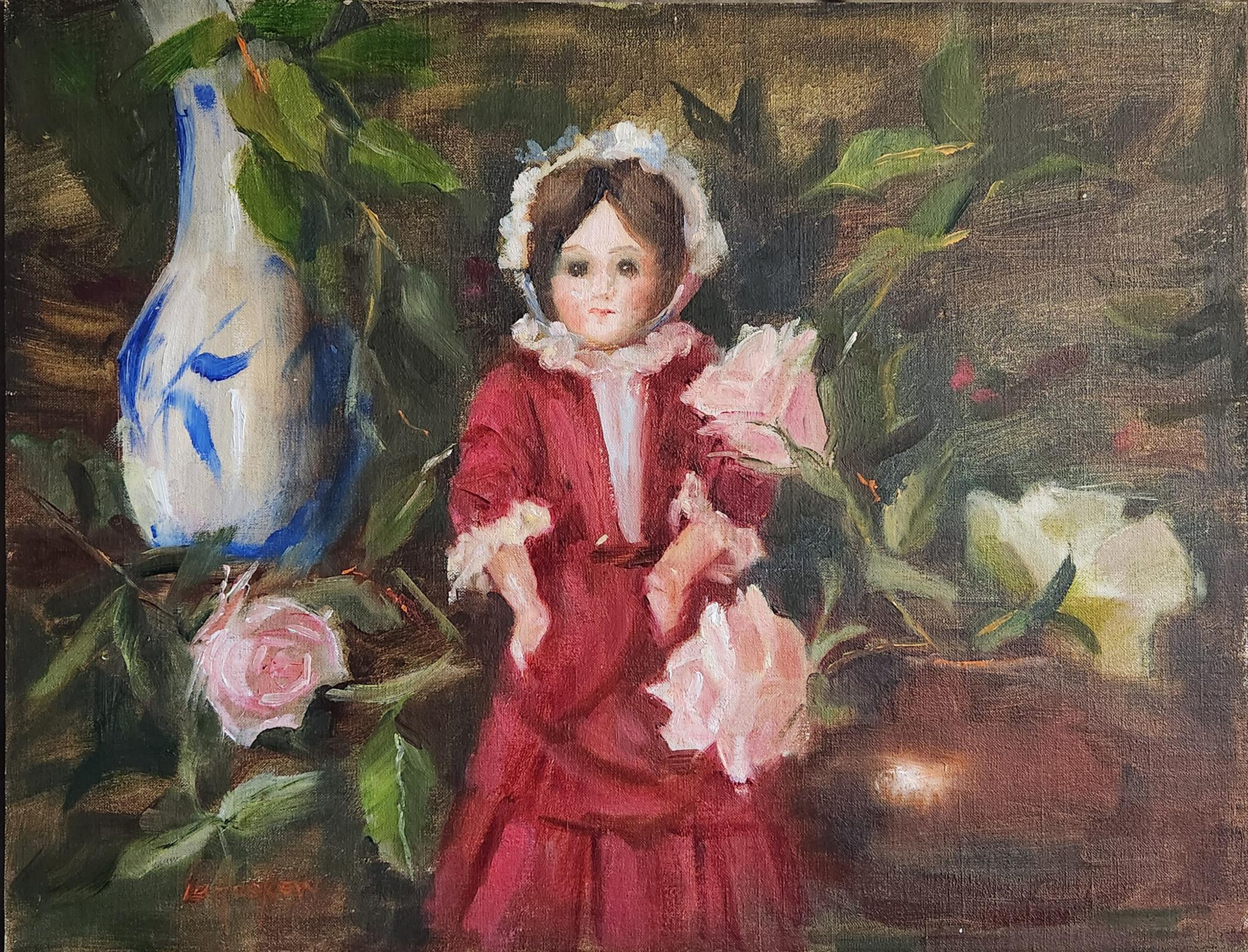 Poupée avec des roses, huile sur carton non encadrée, 12x16". - Painting de Lu Haskew