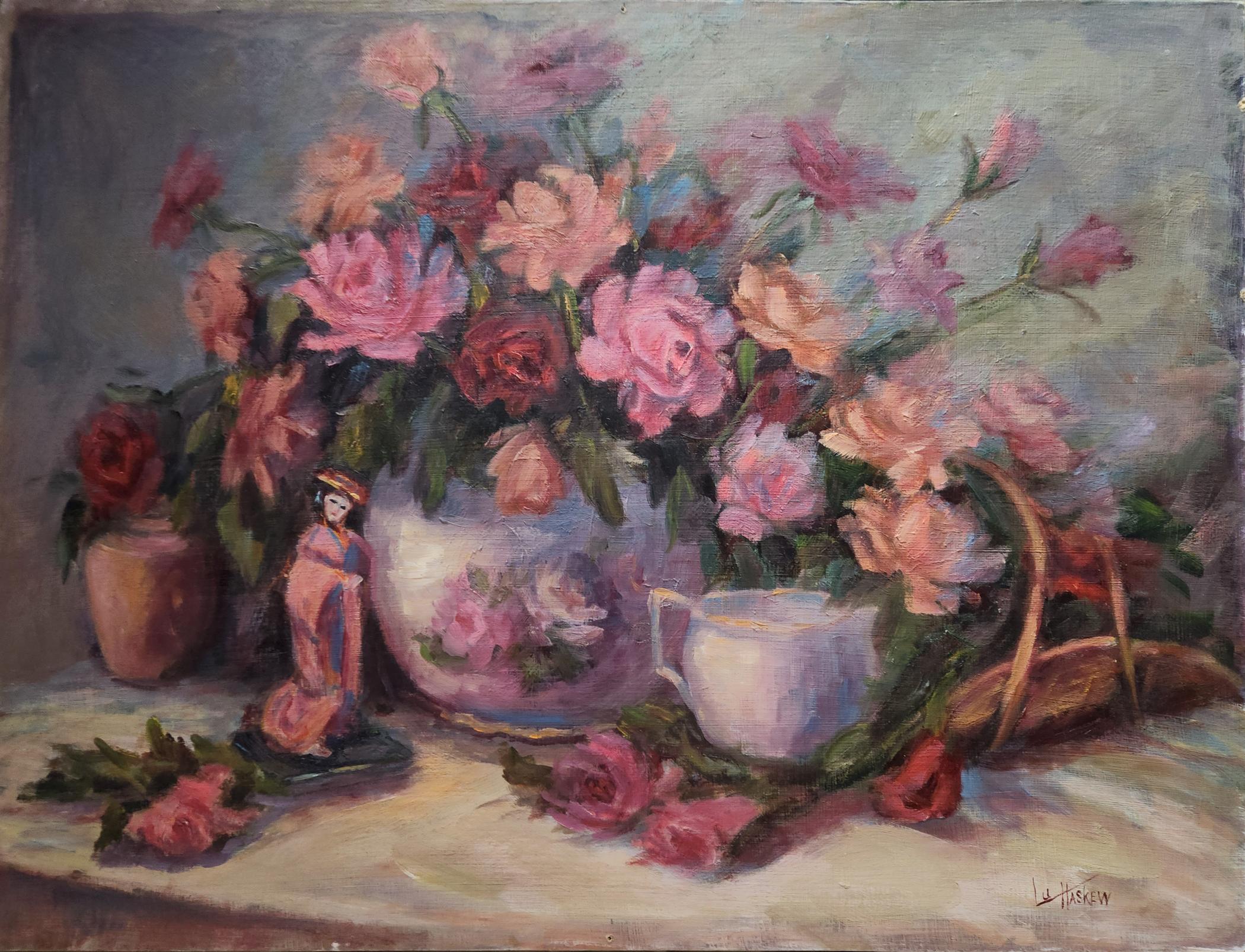 Doll with Roses, unframed oil on board, 18x24" still life painting