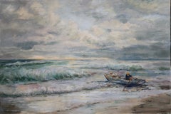 Dory in the Surf, unframed oil on board, 16x24" landscape painting