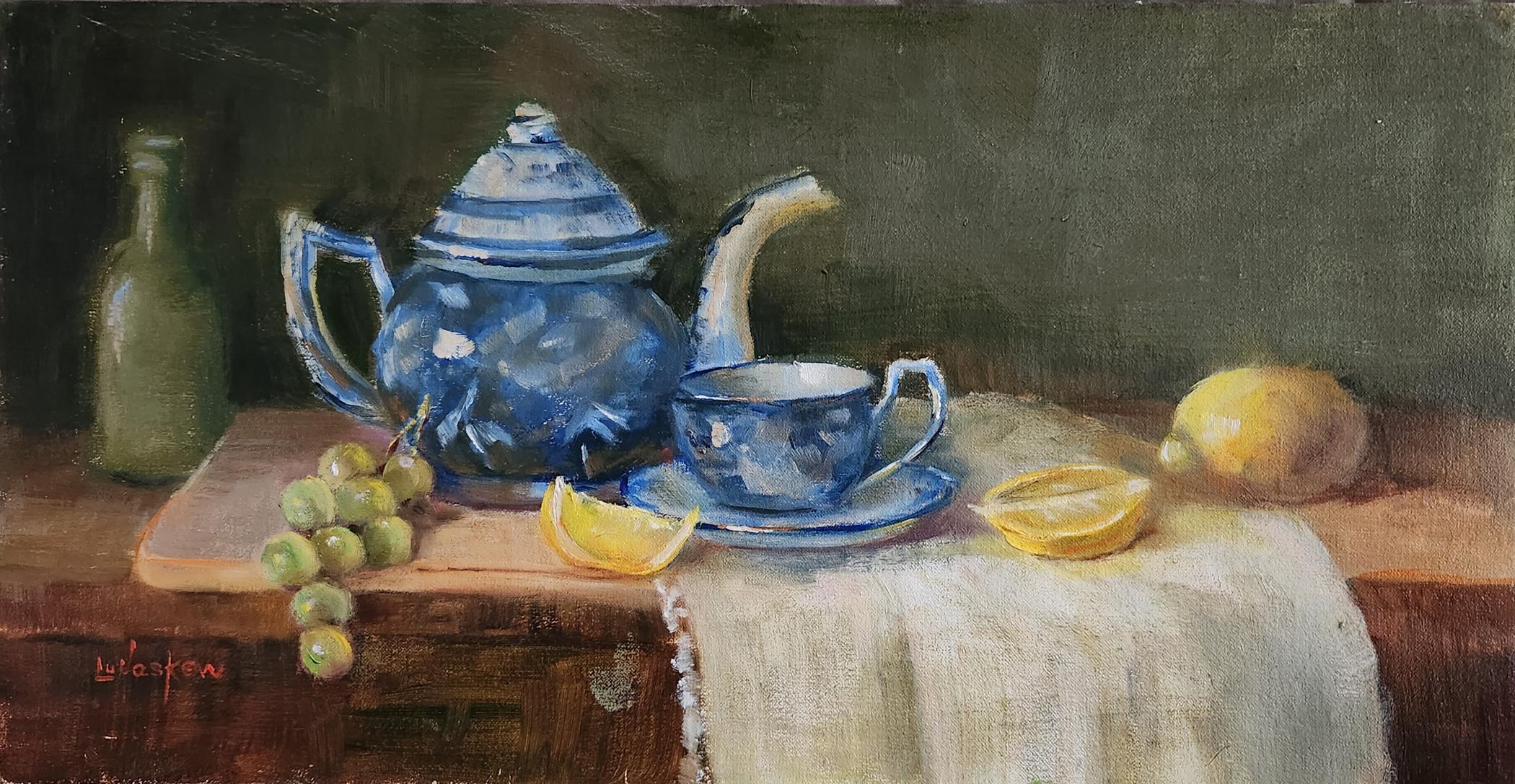 Favorite Teapot, 8x16" oil on board - Painting by Lu Haskew