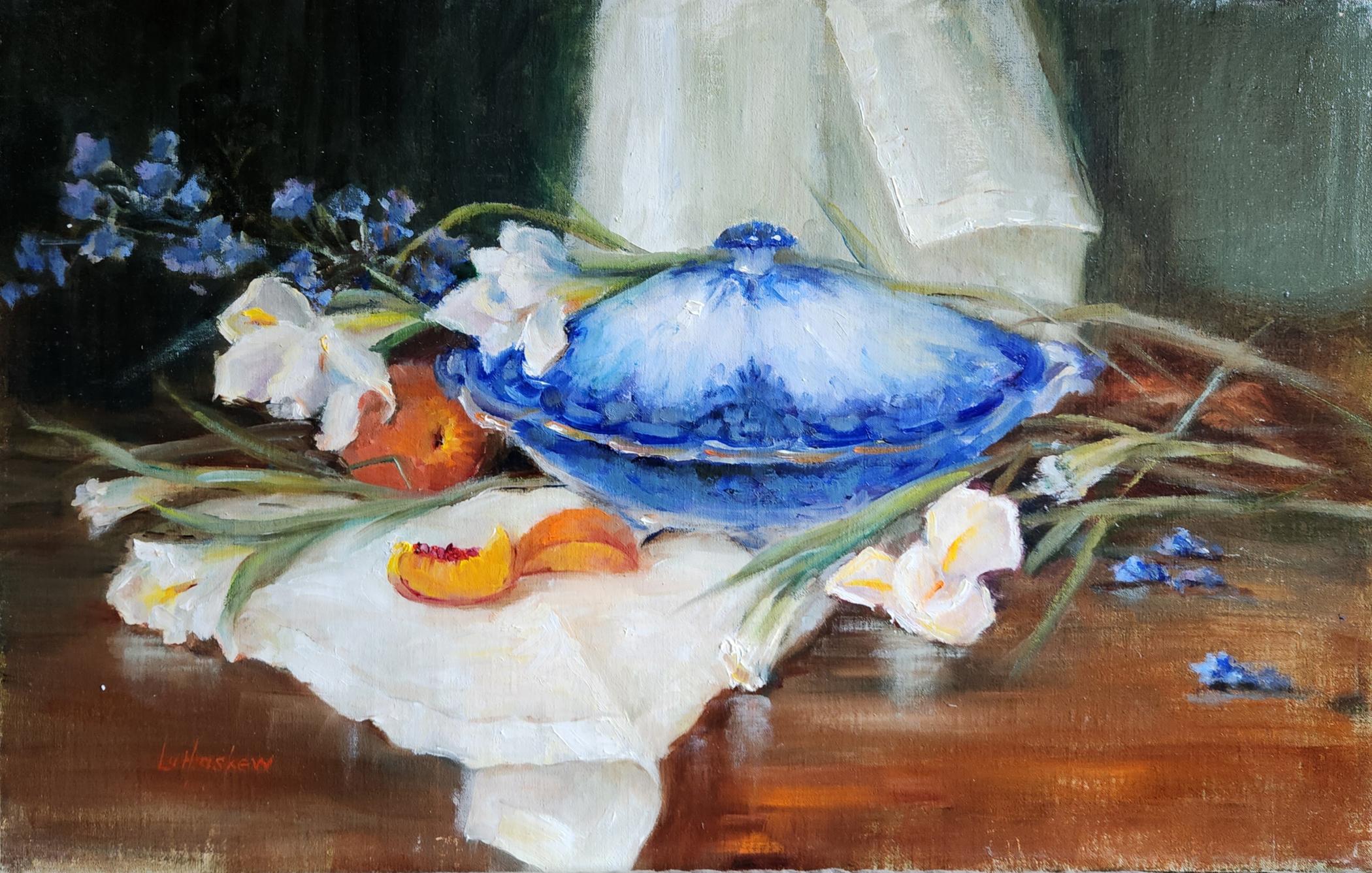 Flow Blue and Peaches, olio su tavola non incorniciato, 20X16", natura morta