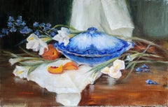Flow Blue and Peaches, unframed oil on board, 20X16" still life painting