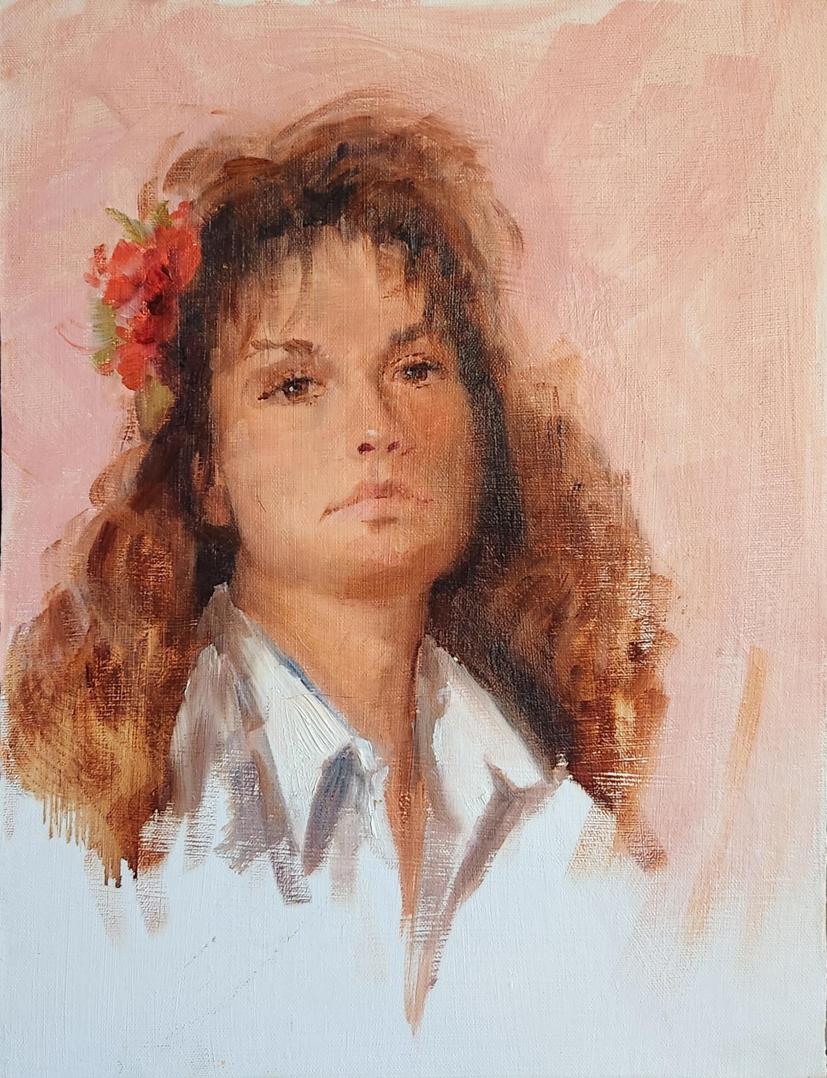 Lu Haskew Figurative Painting – Blumen in meinem Haar, 16x12", Öl auf Karton