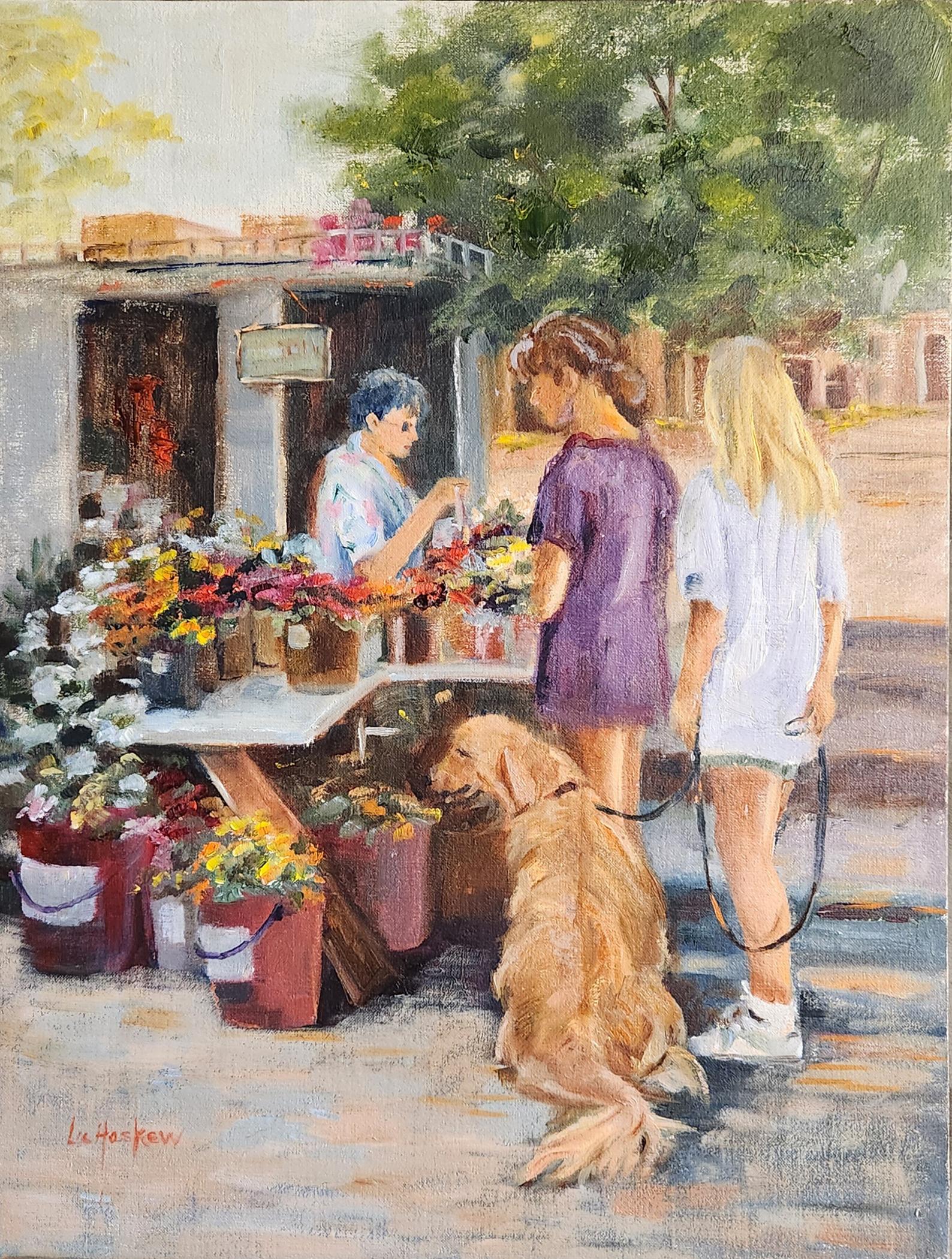Lu Haskew Landscape Painting - Flower Market, 16x12" oil on board