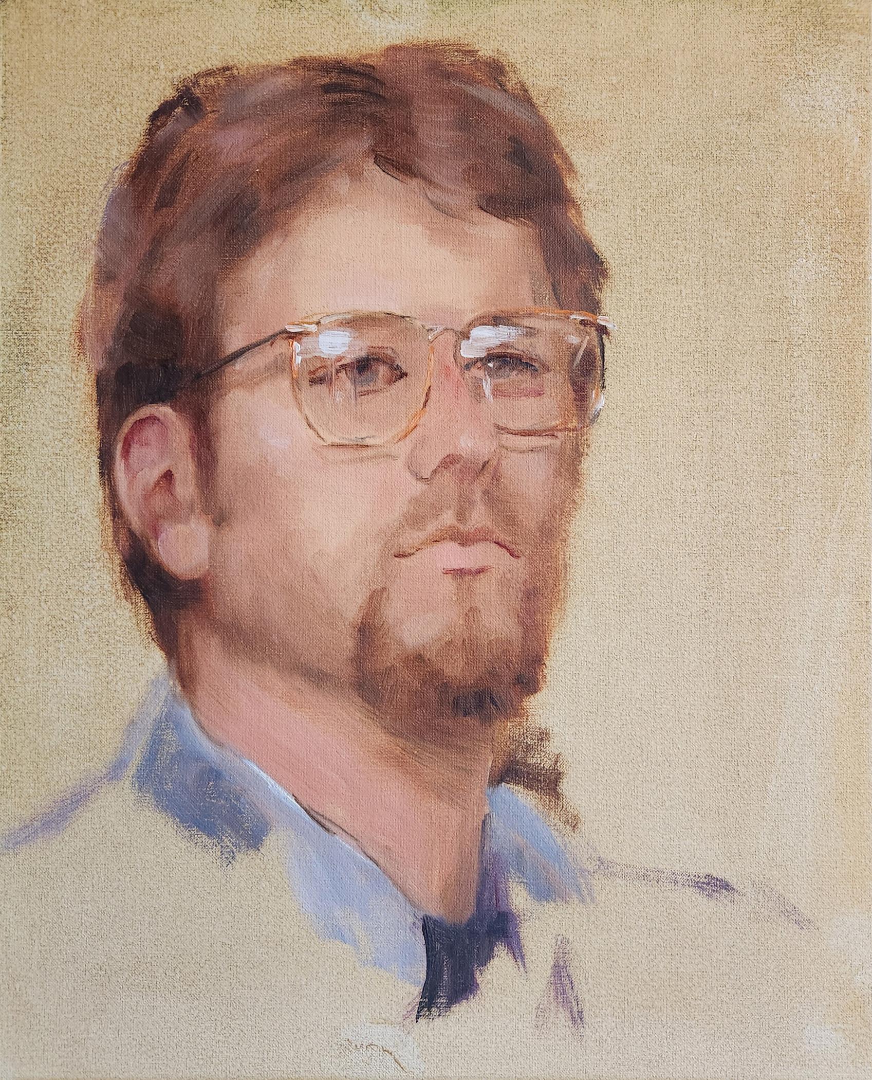 Lu Haskew Portrait Painting - Glasses and Goatee, 14x11" oil on board