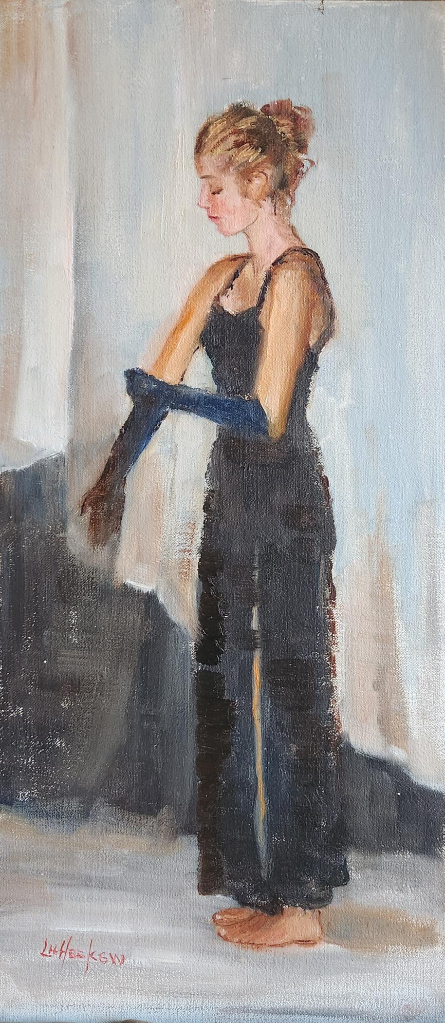 Lu Haskew Figurative Painting - Gloves for Prom, 14x6" oil on board