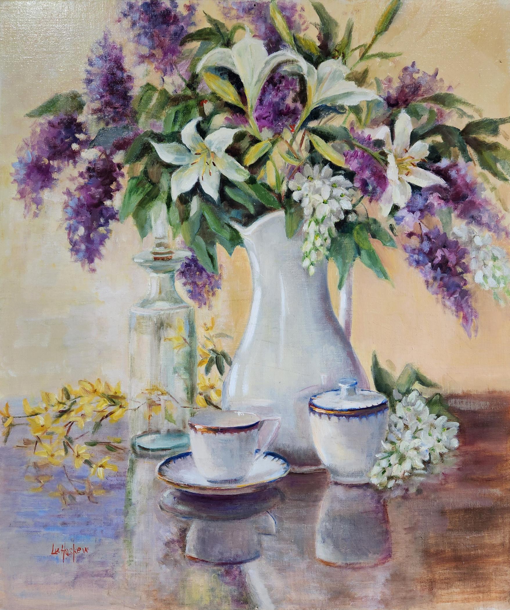 Grandmother's White Pitcher, unframed oil on board, 26x22" still life painting - Painting by Lu Haskew