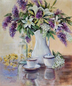 Grandmother's White Pitcher, unframed oil on board, 26x22" still life painting