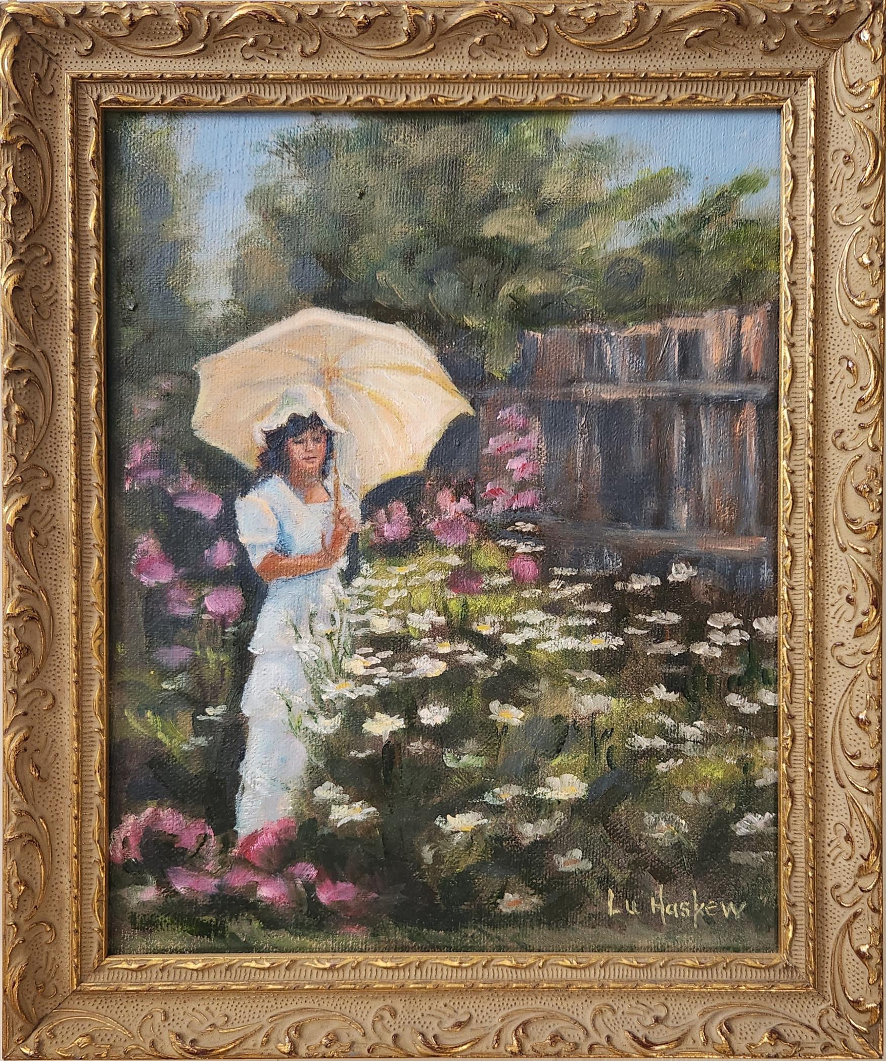 Lu Haskew Landscape Painting - In the Garden, 10x8" oil on board