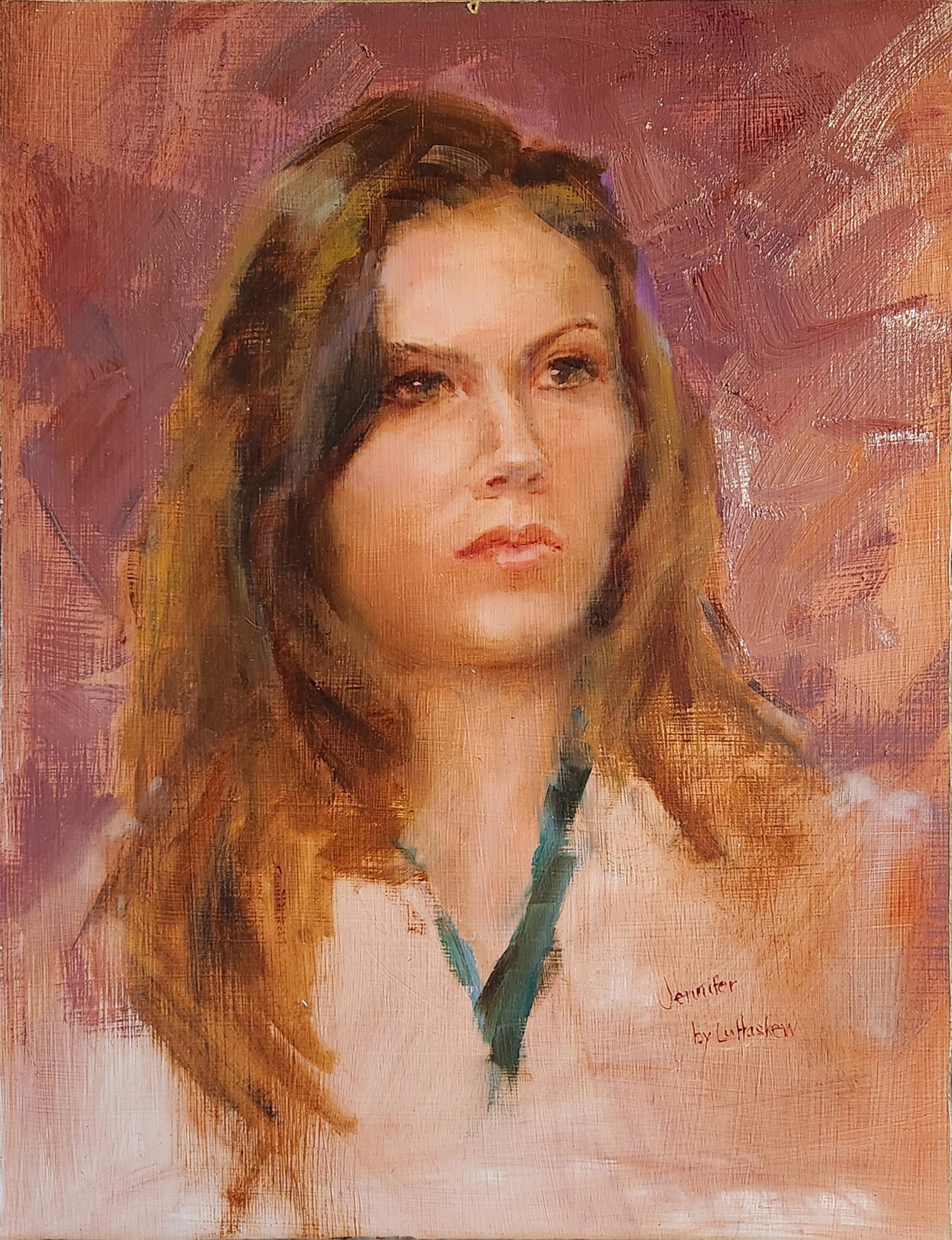 Lu Haskew Figurative Painting - Jennifer, 16x12" oil on board