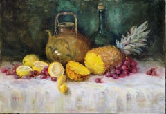 Jug with Fruit, unframed oil on board, 24x18" still life painting