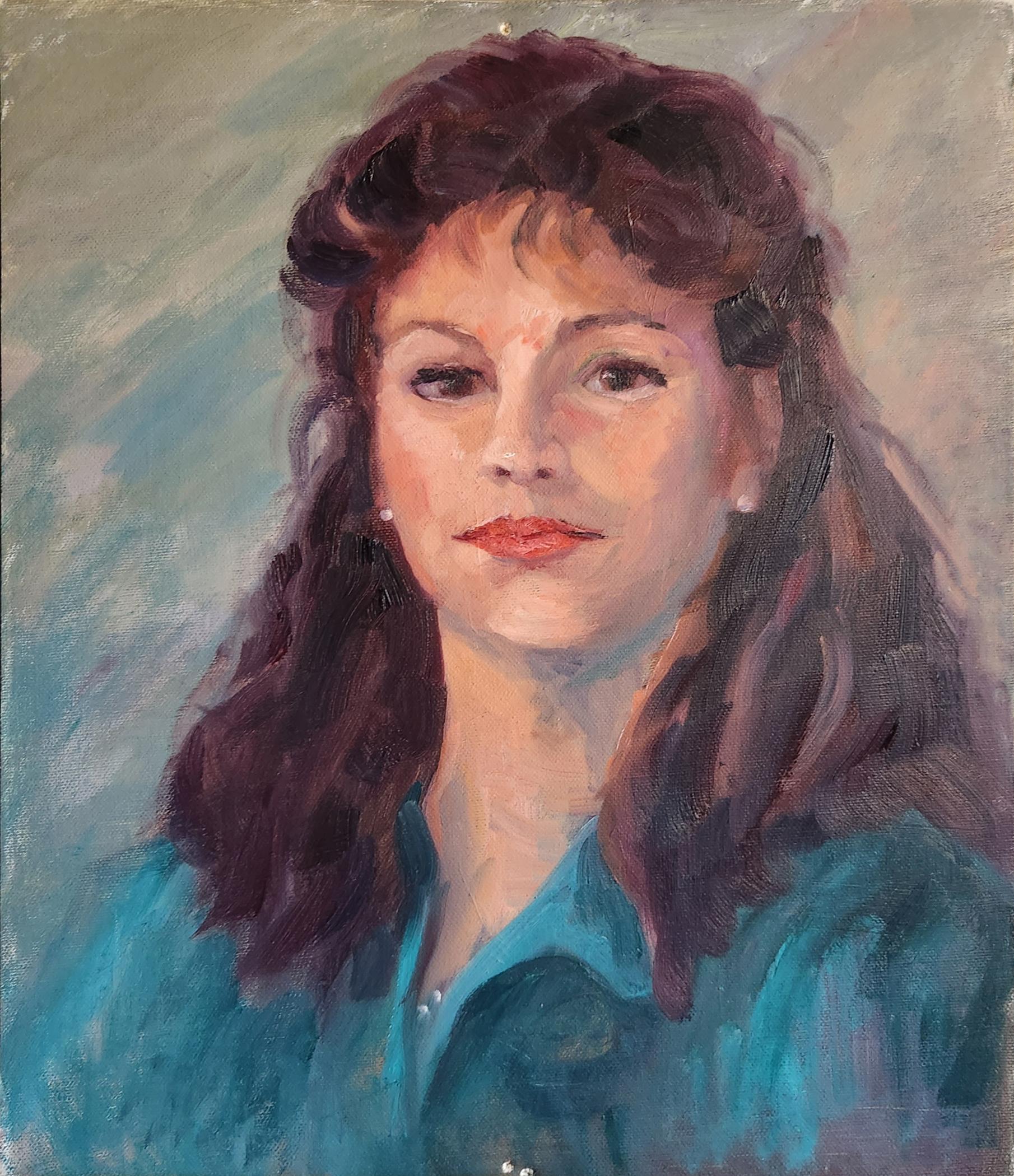 Lu Haskew Figurative Painting - Lady in Blue, 14x11" oil on board