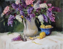 Lillà e pere, olio su tavola non incorniciato, dipinto di natura morta 22x28