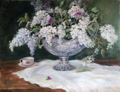 Lilacs and Silver, unframed oil on board, 24x30" still life painting