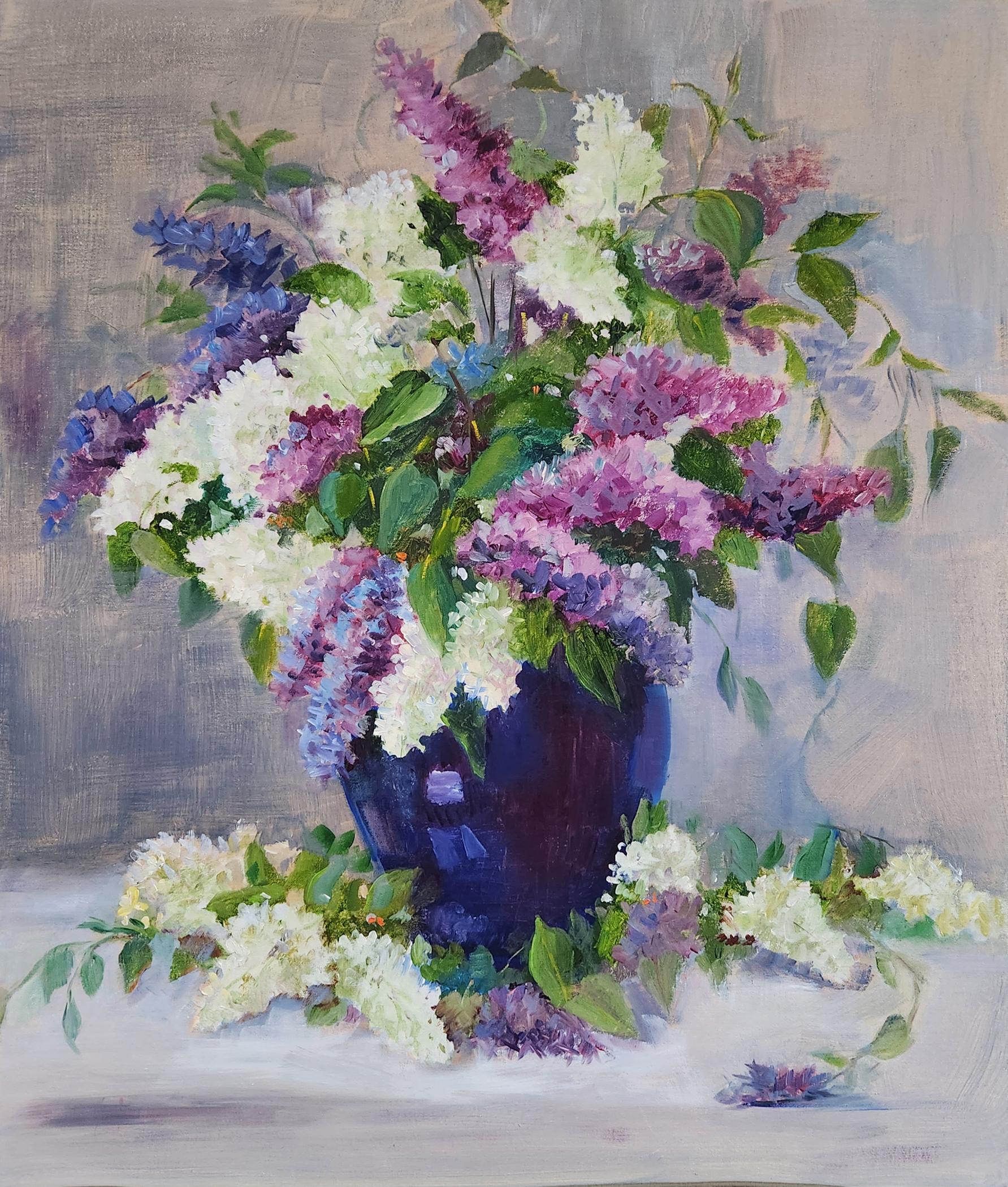Lilac's Welcoming, unframed oil on board, 24x20" still life painting