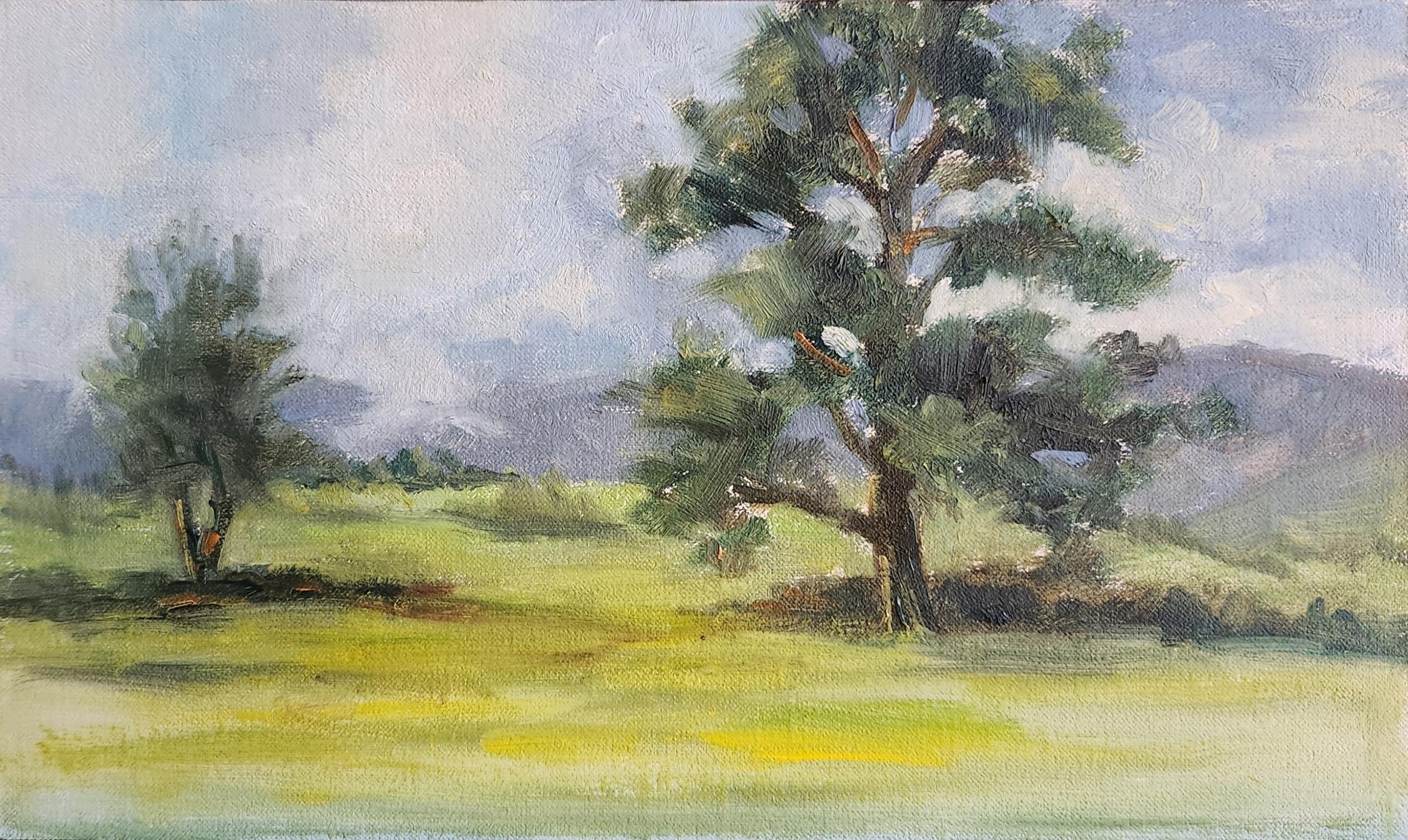 Lu Haskew Landscape Painting - Lone Cottonwood, 6x10" oil on board