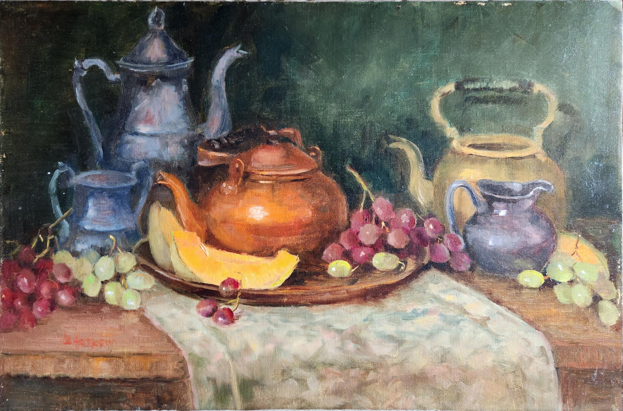 Metal Pots, unframed oil on board, 16x24" still life painting - Painting by Lu Haskew