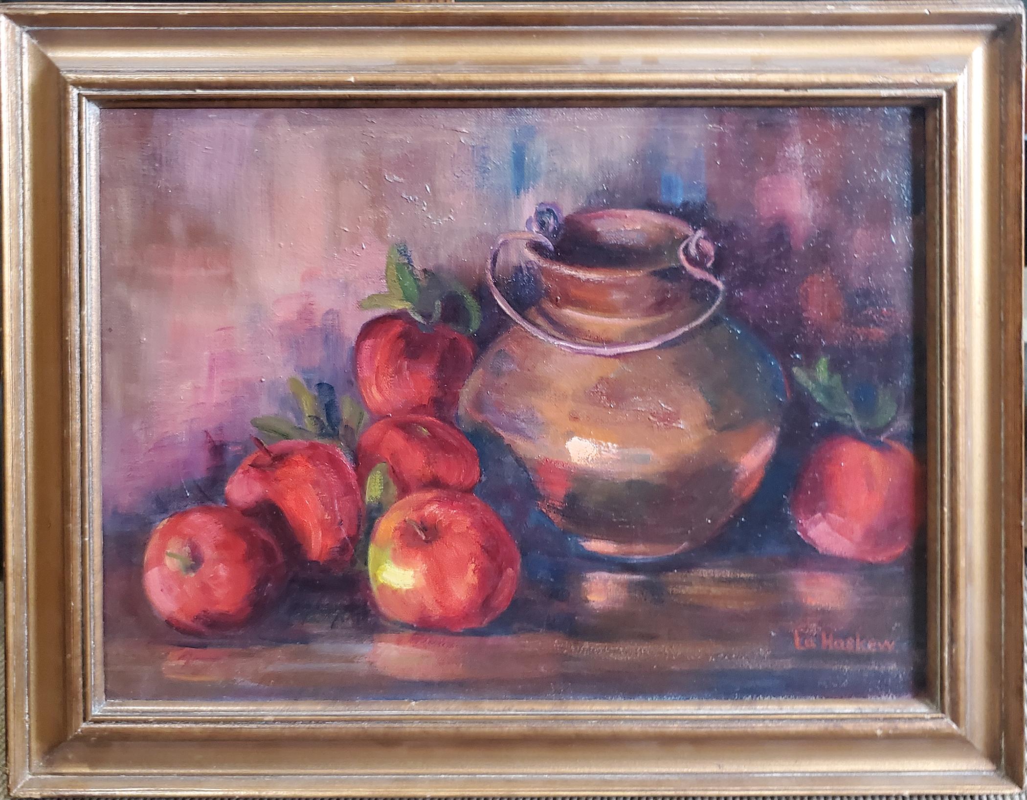 Still-Life Painting Lu Haskew - Bouilloire en fer ancien avec pommes