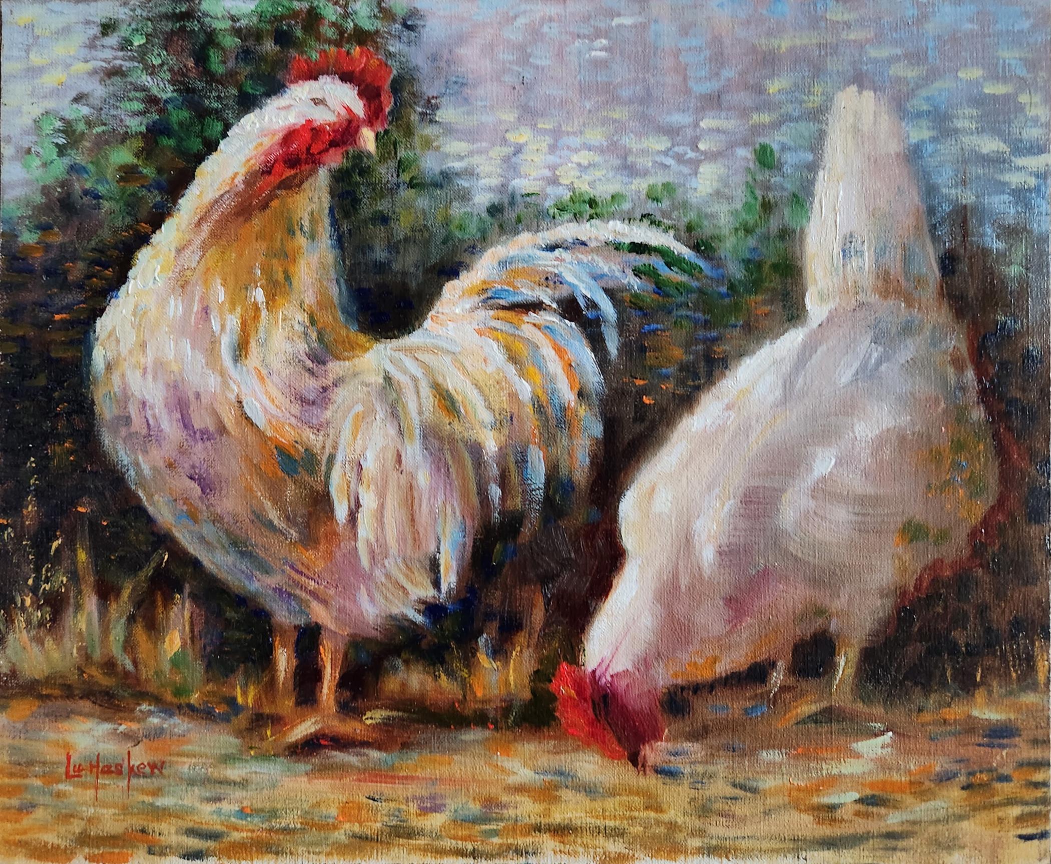 Pair of Chickens, 10x12" oil on board - Painting by Lu Haskew
