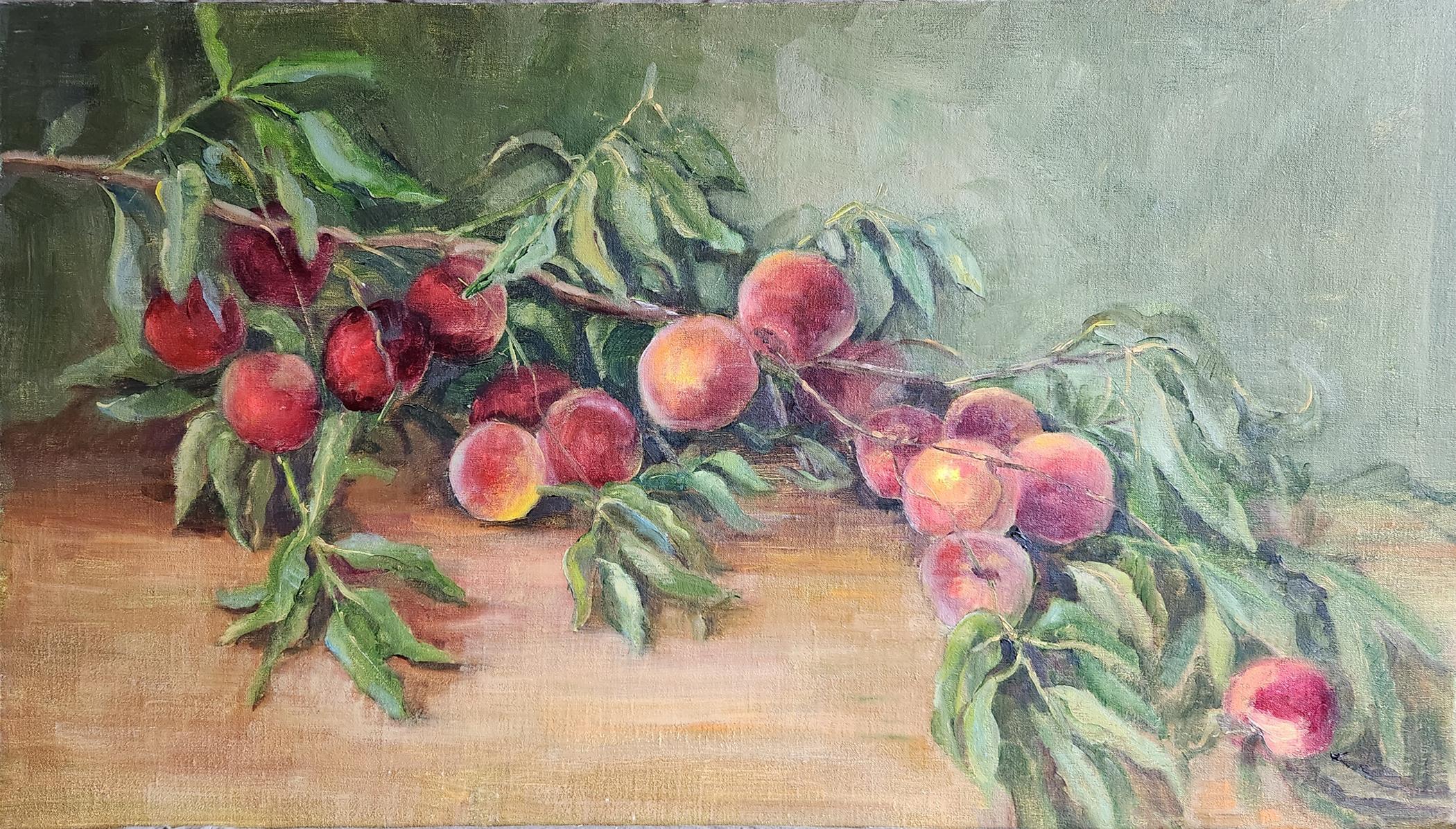 Peach Tree Produce, olio su tavola senza cornice, 16x27", pittura di natura morta