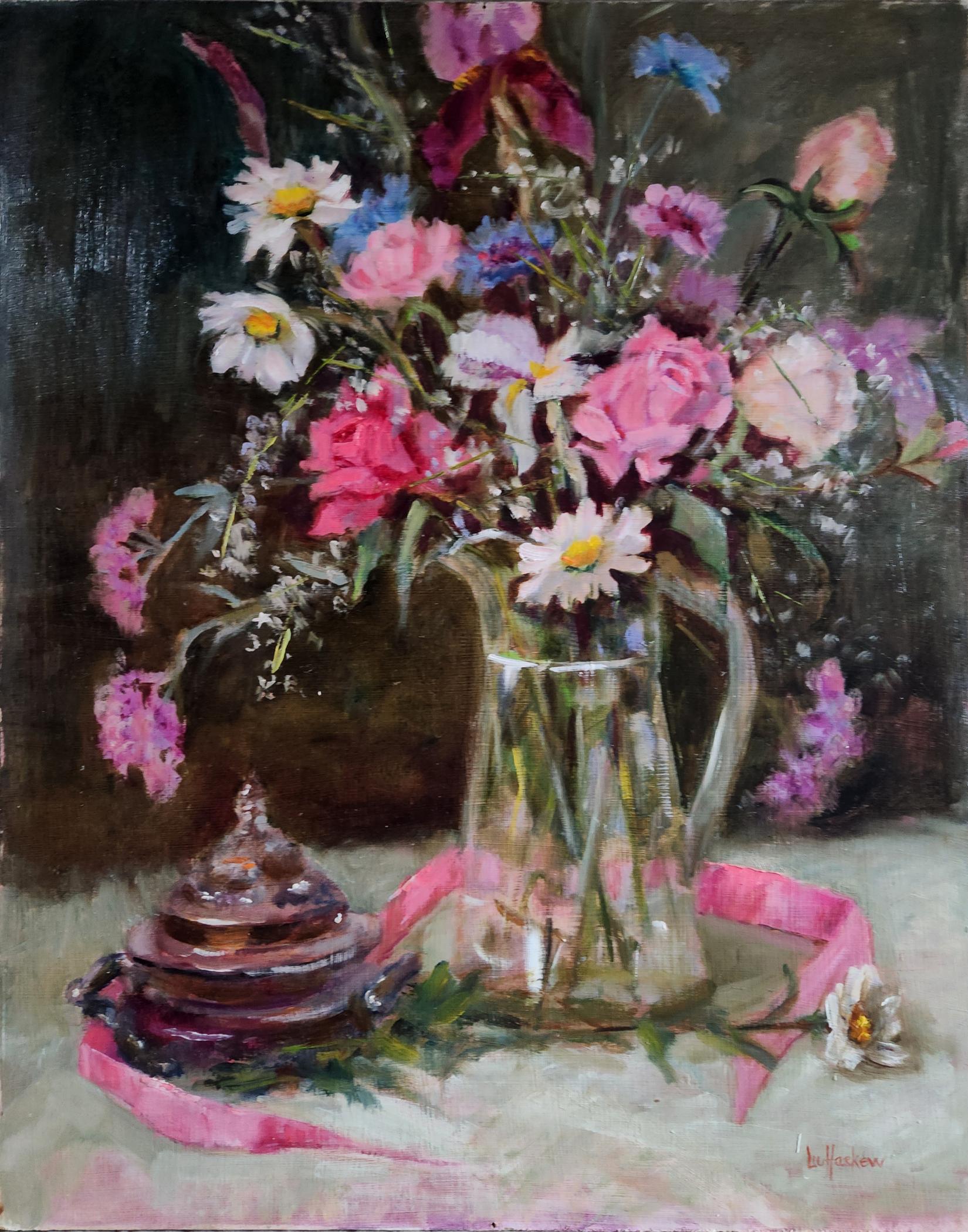 Pink Awareness, olio su tavola senza cornice, 20X16", pittura di natura morta