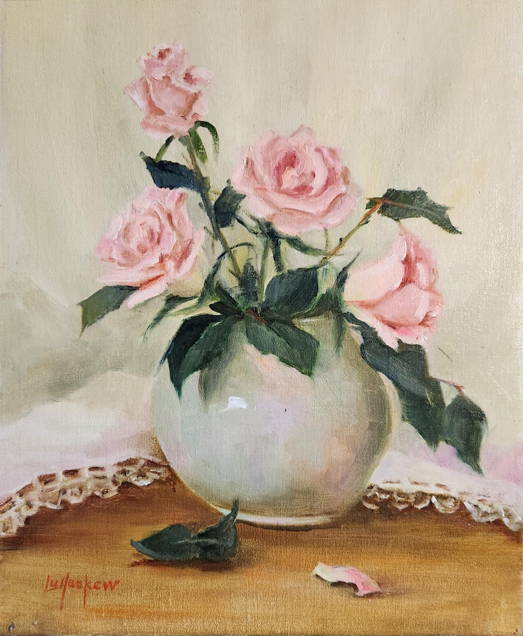 Lu Haskew Still-Life Painting - Pink Roses, 15x12" oil on board